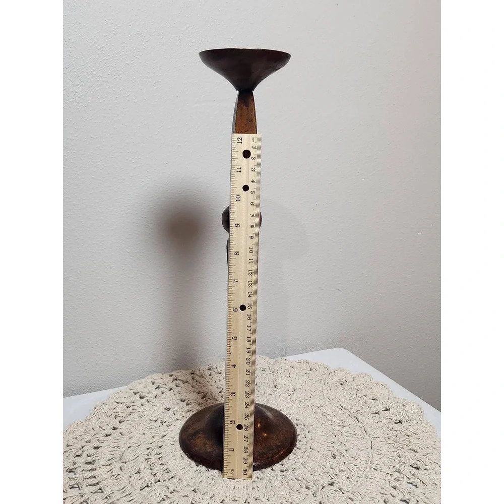 Rustic Bronze Metal Pillar Candle Holder 12 Inch Tall Tapered Stem Made in India